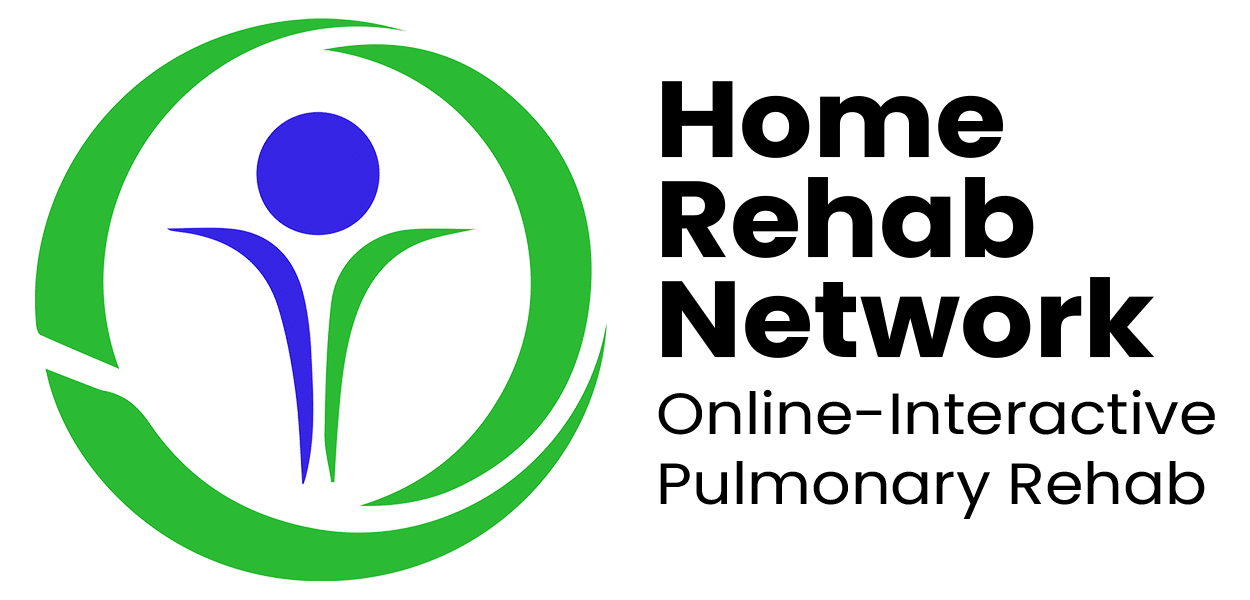 Logo of Home Rehab Network with an abstract blue and green figure encircled by dynamic green and blue swirls on the left. Text on the right reads: "Home Rehab Network, Online-Interactive Pulmonary Rehab," highlighting a modern approach to pulmonary rehab.