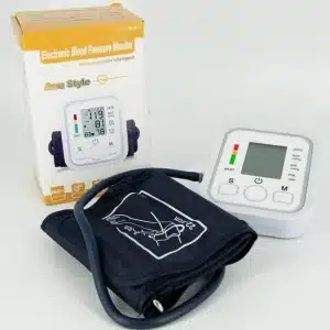 The Fully Automatic Arm Style Electronic Blood Pressure Monitor comes in a box featuring an image of the digital screen and black inflatable cuff with white markings.