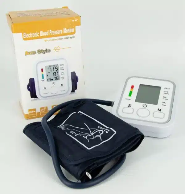 The Fully Automatic Arm Style Electronic Blood Pressure Monitor comes in a box featuring an image of the digital screen and black inflatable cuff with white markings.