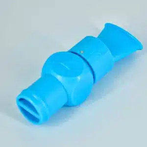 The Delta-V All-In-One Lung Trainer is a blue plastic toy whistle featuring a spherical center and tapered ends, with one end displaying a numbered dial, placed on a light gray surface.