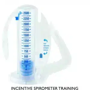 Clear volumetric incentive spirometer with blue markings up to 4000 mL, featuring a sliding indicator and flexible breathing tube. The text "INCENTIVE SPIROMETER TRAINING" is displayed below the device.