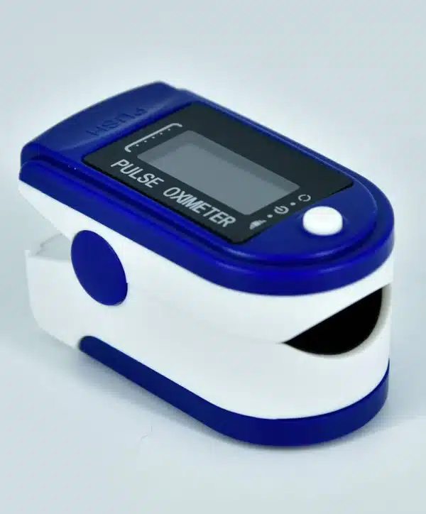 A blue and white Fingertip Pulse Oximeter, Blood Oxygen Saturation Monitor (SpO2) with a digital display is shown on a light surface. It features a "PUSH" button on top, and "PULSE OXIMETER" written beneath the screen.