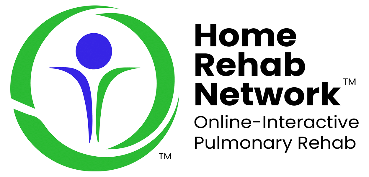 Logo of Home Rehab Network with a stylized figure in a green and blue circular design. Text reads: "Home Rehab Network - Online-Interactive Pulmonary Rehab.